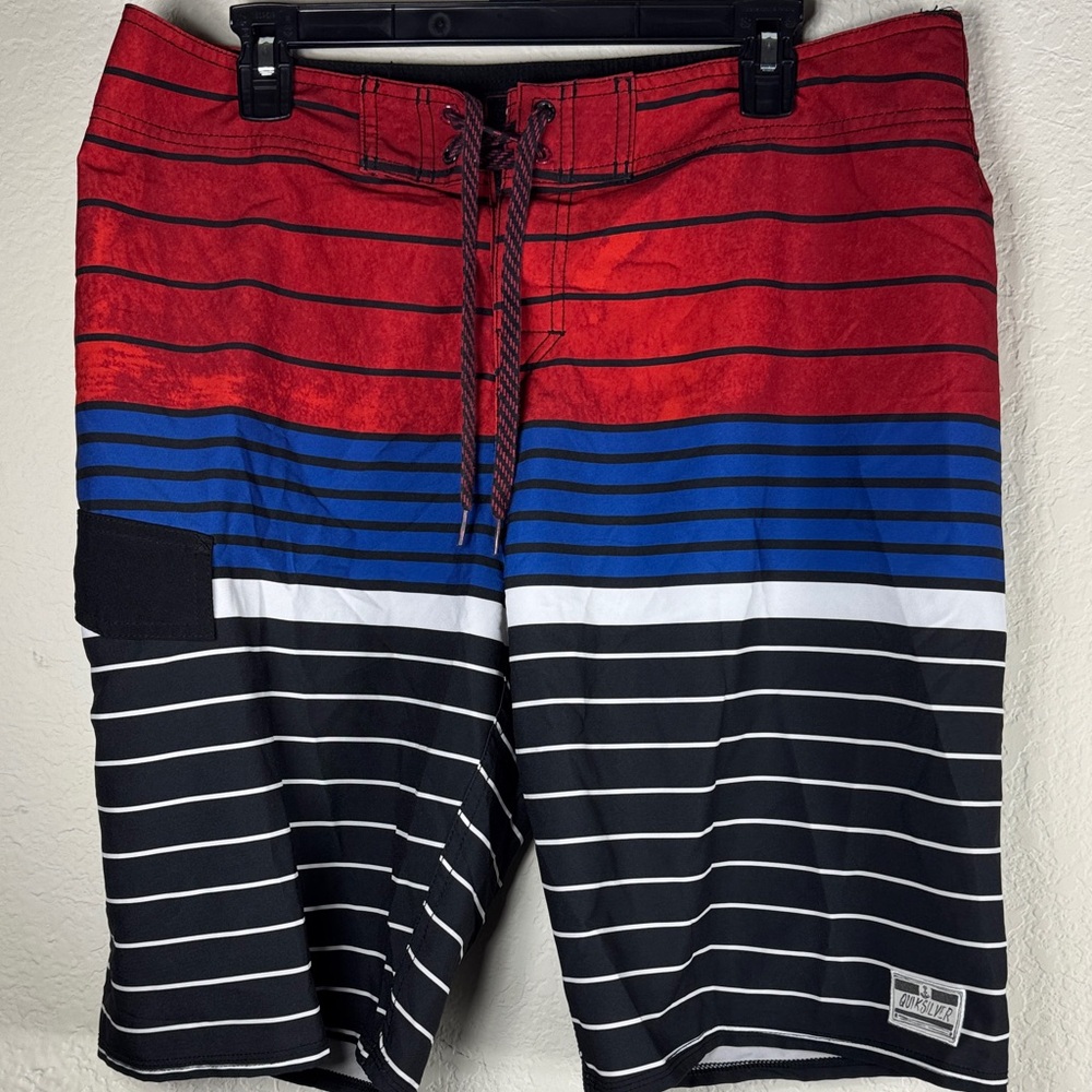 Quiksilver Red, Blue‎ & Black Striped Board Shorts